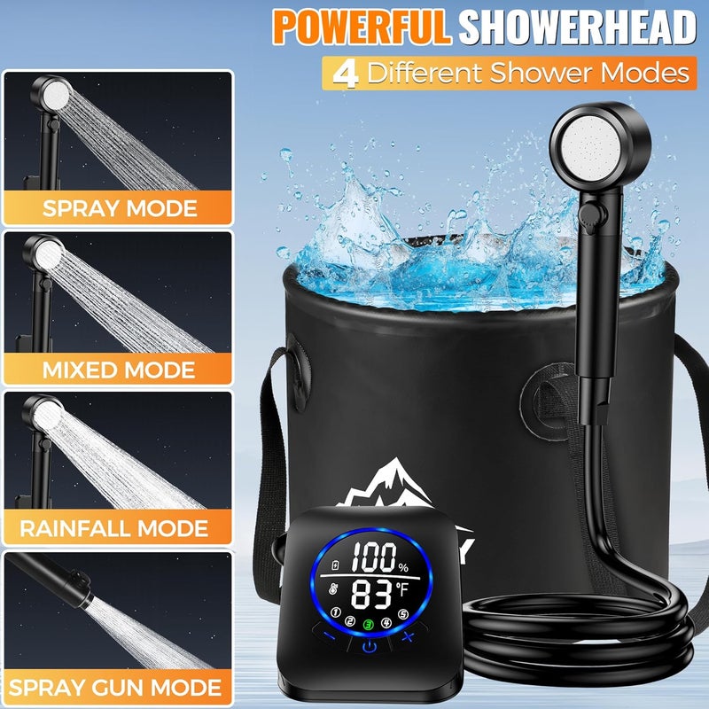 Pankay Portable Shower for Camping, 8000mAh Rechargeable Camping Shower Pump with XL Foldable Bucket, IPX8 Waterproof, Surrounding Water Inlet, 5 Pressure Modes Outdoor Shower Pump for Hiking, Travel, Pet - Image 3